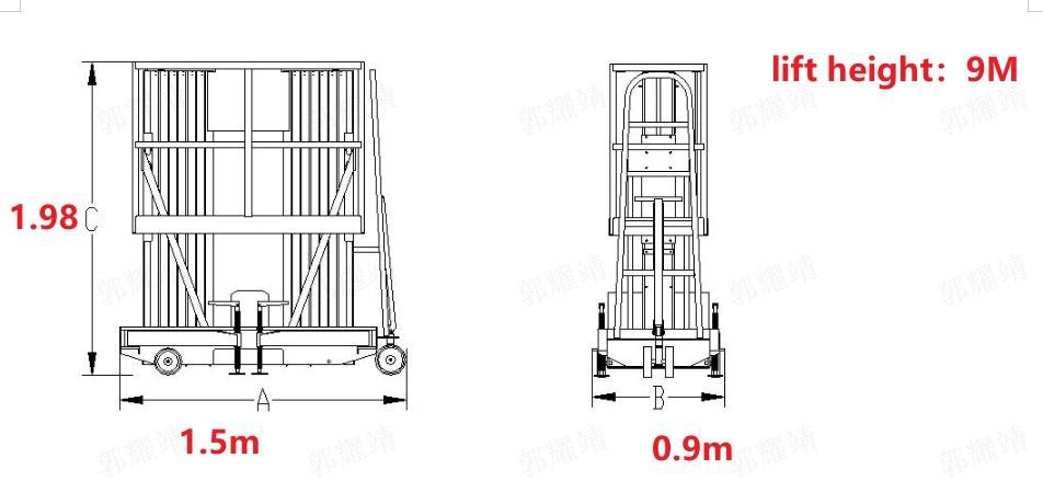 Dimensioned drawing — 1.5 m base, 0.9 m stowed, 9 m lift height